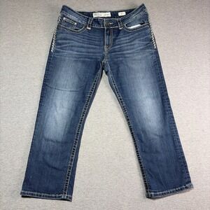 BKE Denim Jeans Womens 32 Culture Capri Medium Wash Buckle Whiskers Heavy Stitch